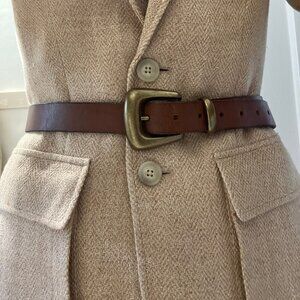 Leather Western Buckle Belt – Brass Tone, 80cm